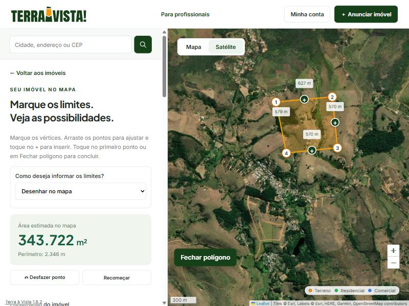 Polígono sendo desenhado no mapa com quatro vértices numerados, distâncias entre eles e a área estimada calculada ao lado.