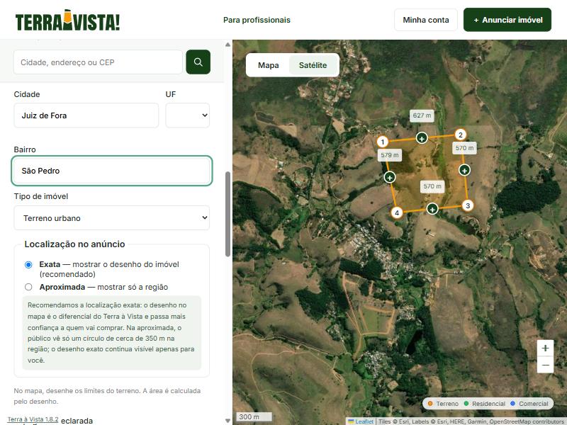 Campos de cidade, UF, bairro, tipo de imóvel e a escolha entre localização exata ou aproximada.